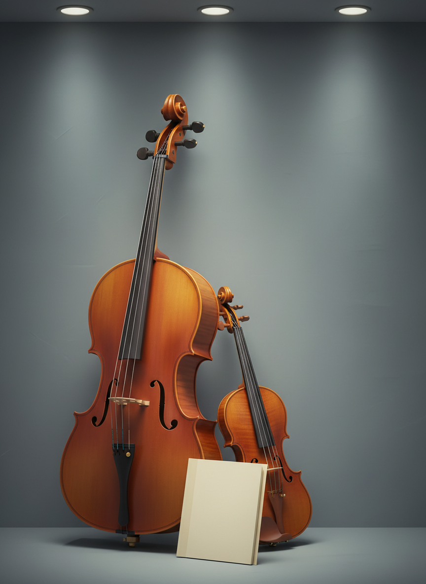 A stunning grouping of classical string instruments, including a varnished cello and violin with richly figured maple backs, resting upright against a subtle, slate-grey wall. Their gold-toned fittings and satin finishes are rendered in photographic detail, with minimal props—a single pale music folder at the base. Overhead, muted spotlights provide soft, diffused illumination, creating subtle gradients and delicate shadows along the instrument curves. The composition employs asymmetrical balance, emphasizing the artistry of luthier craftsmanship and exuding an air of quiet luxury and musical excellence in a minimalist setting.