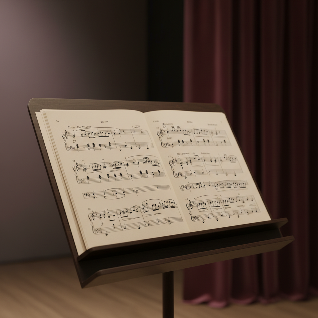 A collection of meticulously arranged orchestral sheet music, opened to a page filled with elegant musical notation, resting on a dark, matte-finish wooden music stand. Surrounding the stand is a minimalist stage space with a velvet curtain in the distance, rendered in a muted gradient of deep burgundy. Soft stage lighting bathes the scene, casting gentle, warm shadows and illuminating the delicate details of the paper and the smooth grain of the stand. Captured at a gentle side angle with sharp focus on the notes and a tastefully blurred backdrop, the atmosphere is contemplative and sophisticated, aligned with the site's refined musical focus.