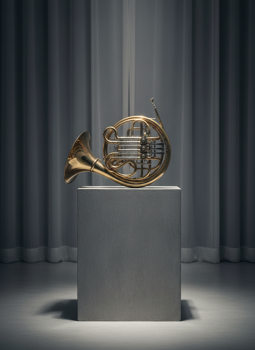A gleaming brass French horn, its coiled tubing and intricate valves rendered in exquisite detail, rests atop a minimalist concrete plinth. The environment is a sparse, softly lit performance hall with a backdrop of sheer, draped curtains in faded charcoal. Warm, diffused spotlighting from above creates a gentle shimmer and muted reflections on the horn’s surface, while casting understated shadows onto the plinth and surrounding floor. Taken from an eye-level perspective with a centered composition and sharp focus, the image radiates refined grandeur and the timeless elegance of orchestral tradition.