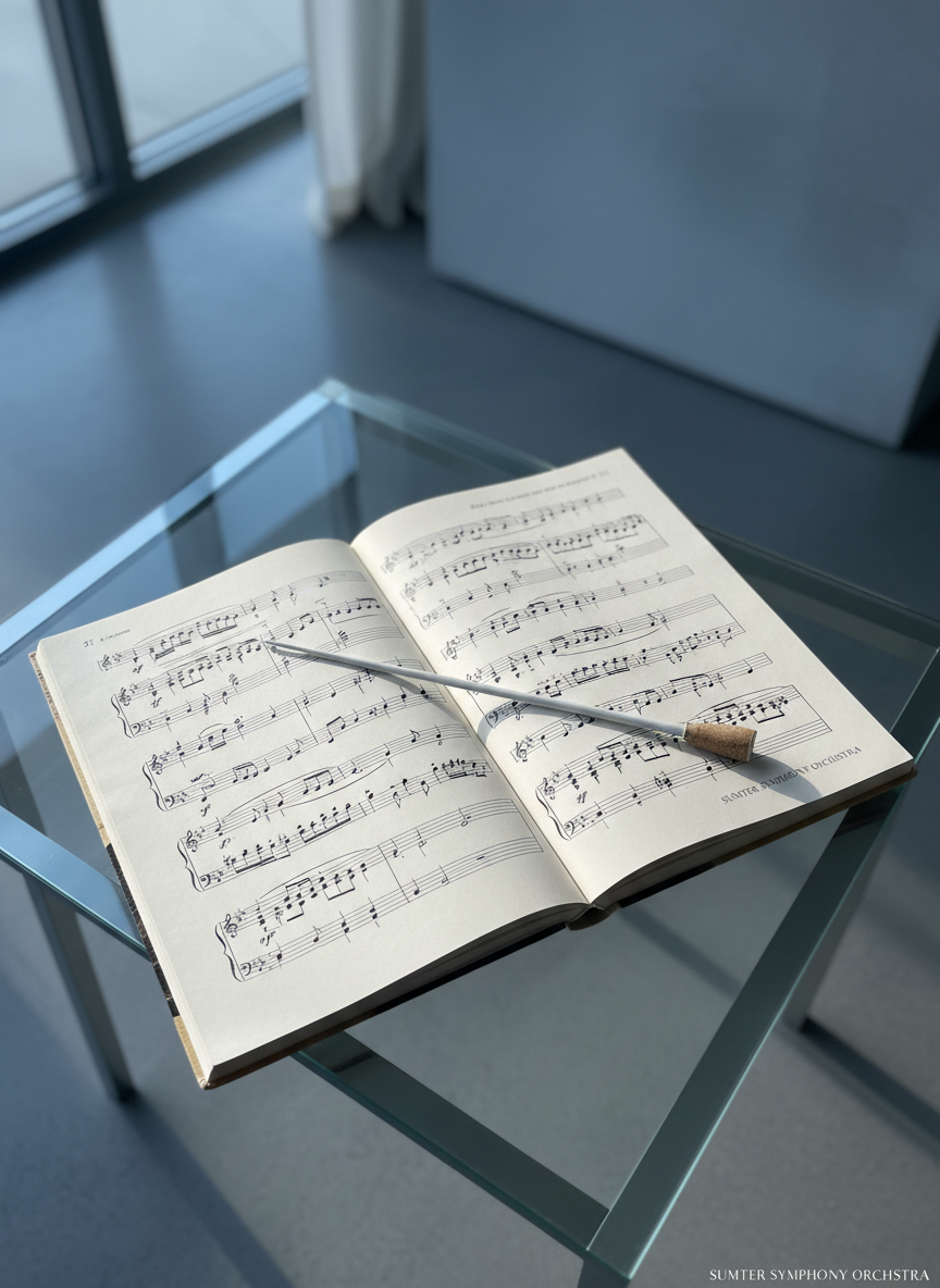 An overhead, photographic view of an open conductor's score book, rich with flowing musical staves, placed on a minimalist glass table. Delicate baton rests diagonally across the page, adding a sense of anticipation. The background is tastefully uncluttered, with suggestive, soft gradients in steel blue and pewter tones. Cool, indirect morning light enters from a side window, creating subtle highlights and shadows that accentuate each page's gentle texture. The composition’s clean lines, elegant symmetry, and tranquil mood reinforce the sophisticated artistry central to the Sumter Symphony Orchestra.